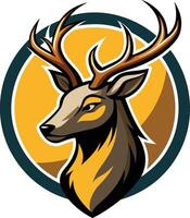 Stylized deer logo, art, circular emblem, majestic stag head, antlers, profile view, yellow and teal color scheme vector