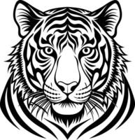 Tiger head, black and white, tribal style, stylized, geometric patterns, sharp lines, intricate details, symmetrical design vector