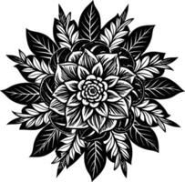 Intricate black and white floral mandala, detailed leaf patterns, symmetrical design, botanical illustration vector