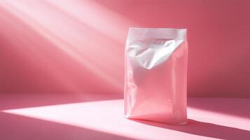 Light shining spotlight on a bag of protein with pink background. 6 photo