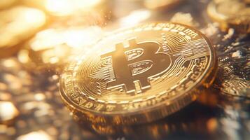A close-up of the Bitcoin logo on top of several other coins. 16 photo