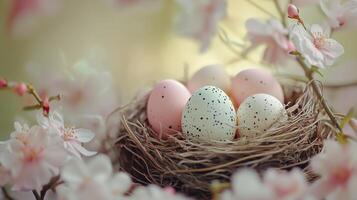 Easter eggs in a bird's nest, with pastel colors, spring flowers. 7 photo
