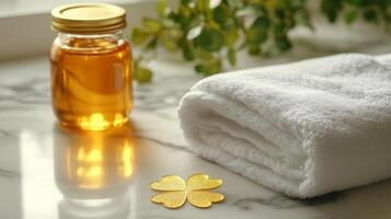 A blank white towel laying with a golden honey jar and clovers lying around it. 5 photo