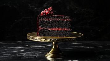 Black frosted cake with a gold stand, cut in half, against a dark background. 16 photo