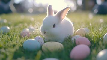 Cute little bunny with pastel-colored Easter eggs. 7 photo