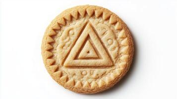 Circular cookie with the triangle simple icon on it, isolated on solid white background. 4 photo