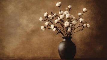 Cotton flowers in a dark stone vase on a brown background. 16 photo