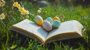 An open book with Easter eggs on the grass, flowers in the background. 7 photo