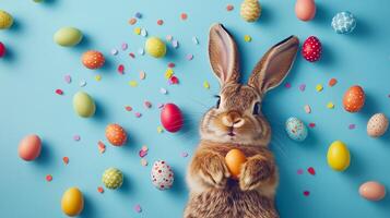 Top view of Easter smiling funny bunny laying on the back with a lot of colorful eggs. 11 photo