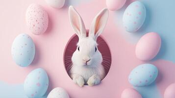 A bunny and ears sticking out of an egg-shaped hole in light and pastel colors, with eggs. 11 photo