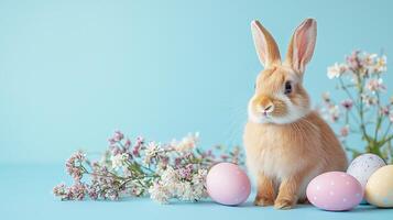 A Cute rabbit sitting beside pastel Easter eggs and flowers on a blue background. 16 photo