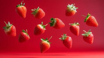 Flying strawberries on red empty background. 16 photo