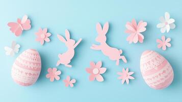 Happy Easter card design with pink paper-cut Easter eggs and rabbits on a blue background. 9 photo