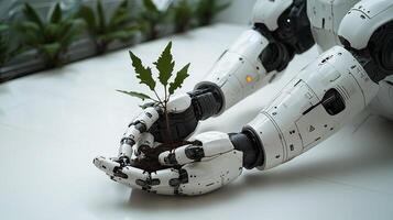 A humanoid robot planting a sapling. Mechanical hands holding the plant. 6 photo