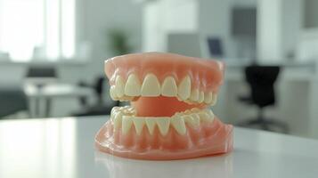 Closeup of teeth model on a white table, made in a dental laboratory by a professional master. 16 photo