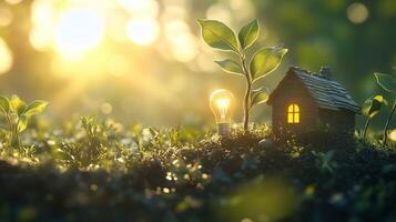 A light bulb and a small house model on the ground with a green plant growing. 6 photo