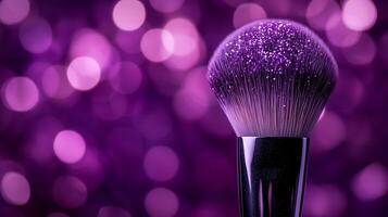 A makeup brush with glitter on the bristles, set against a purple bokeh background. 7 photo