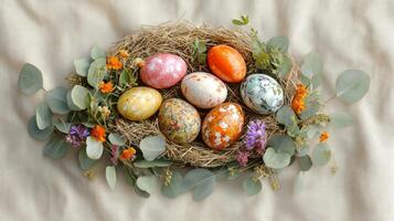 Easter eggs placed in a nest, surrounded by eucalyptus leaves and flowers, on a linen fabric. 9 photo