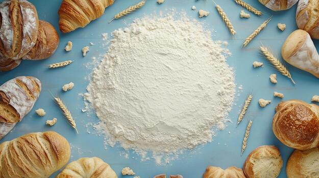 A layer of flour surrounded by various breads and pastries, on a blue background. 16 photo