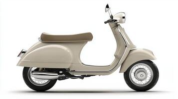 The beige scooter with an ergonomic seat against a minimalistic pastel background. 6 photo