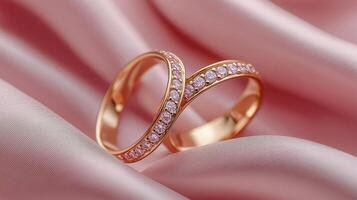 A pair of gold wedding rings on pink fabric, a romantic and dreamy background. 7 photo