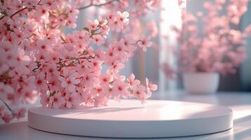 A round podium with pink sakura flowers on it, a blurred background with blooming cherry. 3 photo