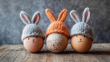 Three eggs with knitted bunny hats, on a wooden table, against a gray background. 11 photo