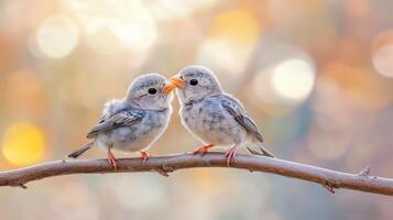 Two cute, gray little birds snuggling on a branch, with soft lighting and a blurred background. 13 photo