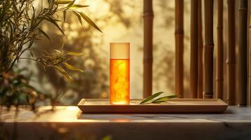 A cylindrical, small orange essential oil bottle with a single bamboo leaf. 5 photo