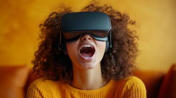 Woman wearing a virtual reality headset and screaming while playing a game. 6 photo