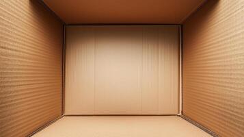 An open cardboard box with vertical deep walls viewed from the top. 12 photo