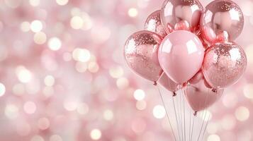 Shiny pink gold balloons on the white and pink bokeh background. 12 photo