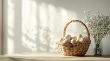 Simple white colored Easter background with an empty table and a basket of Easter eggs. 11 photo