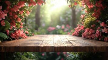 A pink apple blossoms on a wooden table with a blurred garden background. 7 photo