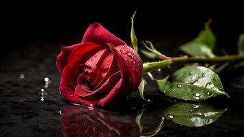Elegant single Red Rose on floor Water Reflection and Dew Drops photo