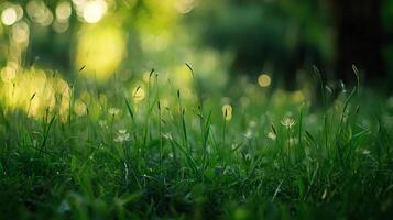 Green Grass Field with Sunlight Filtering Through Trees in Background photo