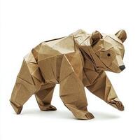 A realistic origami bear is displayed, skillfully crafted from brown paper. The intricate folds and angles highlight craftsmanship, making it a stunning representation of wildlife and art. photo