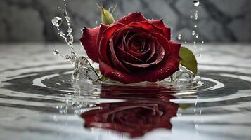 Elegant single Red Rose on floor Water Reflection and Dew Drops on rose photo