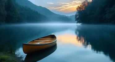 Tranquil morning on a misty lake with a lone yellow canoe and serene reflections of a beautiful landscape photo