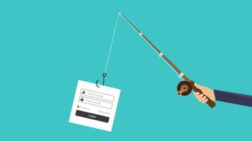 Hand holding a fishing rod with a hook attached to a login form, conceptualizing phishing scams and cybersecurity awareness. Suitable for cybersecurity concepts. video