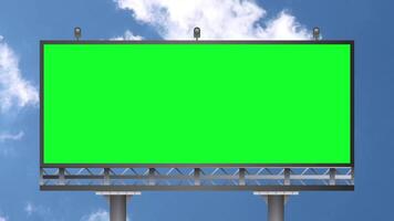 Empty billboard with chroma key green screen, on blue sky with clouds, advertisement concept, screen, green backgrounds video