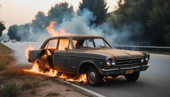Burning Classic Car On Highway photo