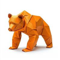 A vibrant orange origami bear showcases intricate folds and sharp angles. This paper art is displayed against a white background, highlighting the craftsmanship and creativity involved in its design. photo