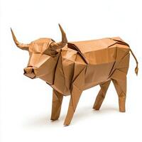 A lifelike origami cow is displayed, crafted from brown paper with careful folds and sharp features. The sculpture highlights the artistry behind paper folding and intricate design. photo