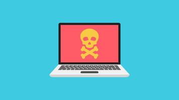 Laptop screen with a skull and crossbones symbol. Suitable for digital security, cyber threats, computer viruses concepts in design projects. video
