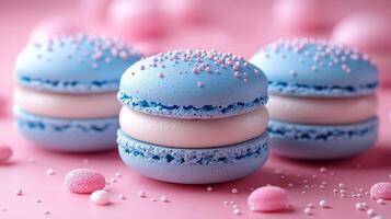conjunto de azul y blanco macarons en un pastel antecedentes. 1 foto