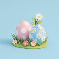 A cartoon-style icon of two Easter eggs with flowers on the grass in pastel colors. 9 photo