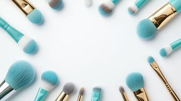Cosmetic brushes frame, placed in random order, on a white background. 1 photo