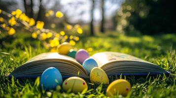 An open book with Easter eggs on the grass, flowers in the background. 9 photo
