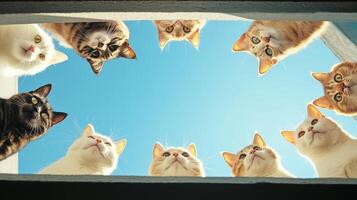 From a bottom-up perspective, eight cats form a circle and the on the background. 9 photo